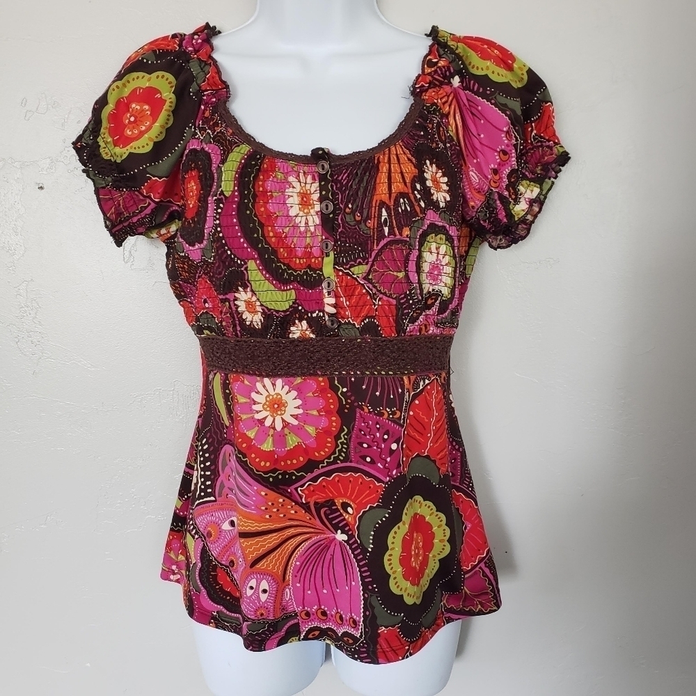 RQT Small Short Sleeve Blouse Colorful Retro Floral Brown Pink Green Smock Y2K